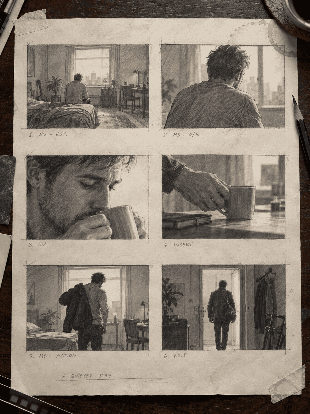 GPT Image 2.5 prompt example for a six-panel pencil storyboard